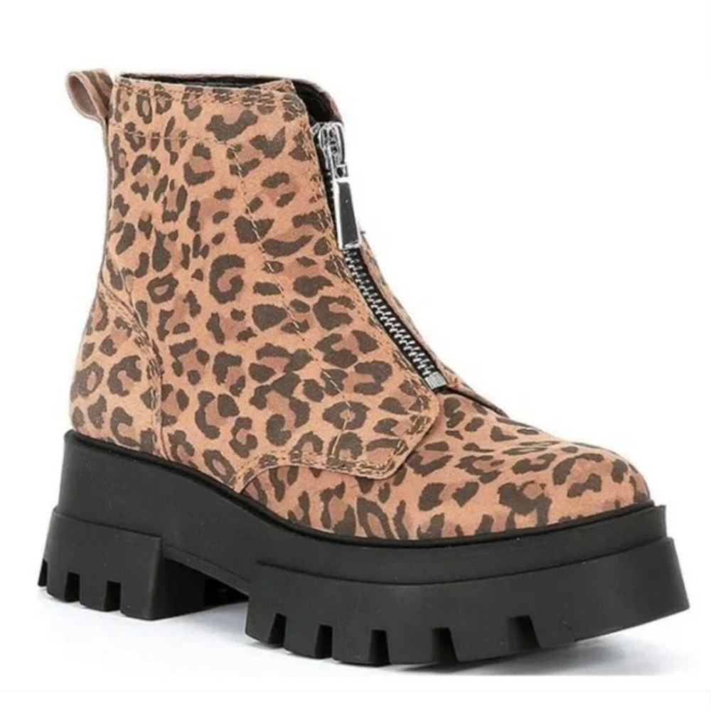 Leather Gianni Bini Black Chunky lug soles platform Boots Zip Shoes Leopard NEW